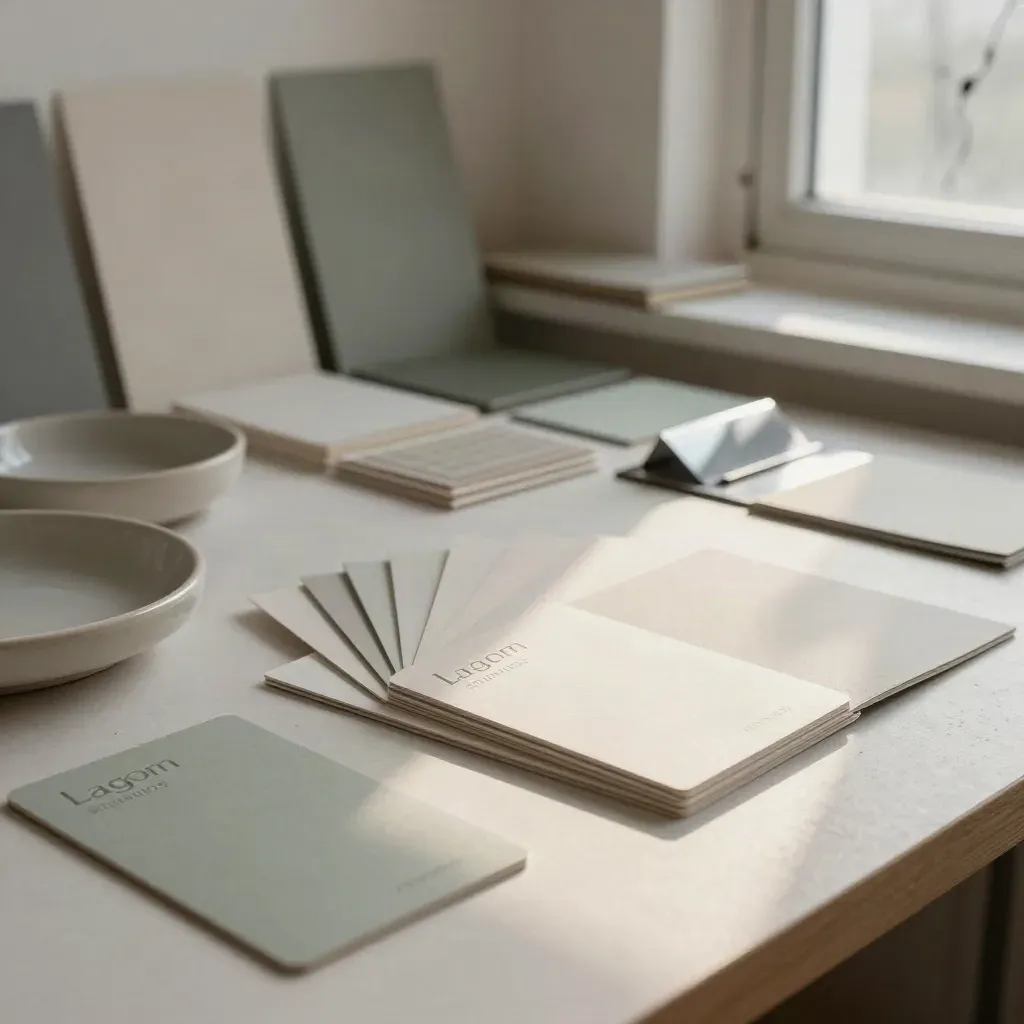 Lagom Studios arbetsrum med provkort, pappersmockups och swatchar i morgonljus.