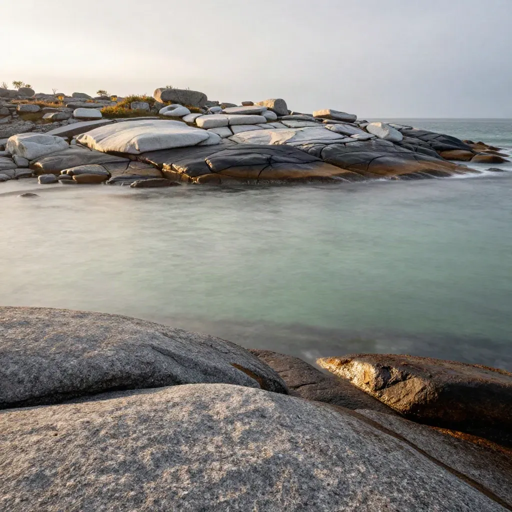 Bohuslänska granitskär i gyllene kvällsljus över stilla hav och mild kustdis